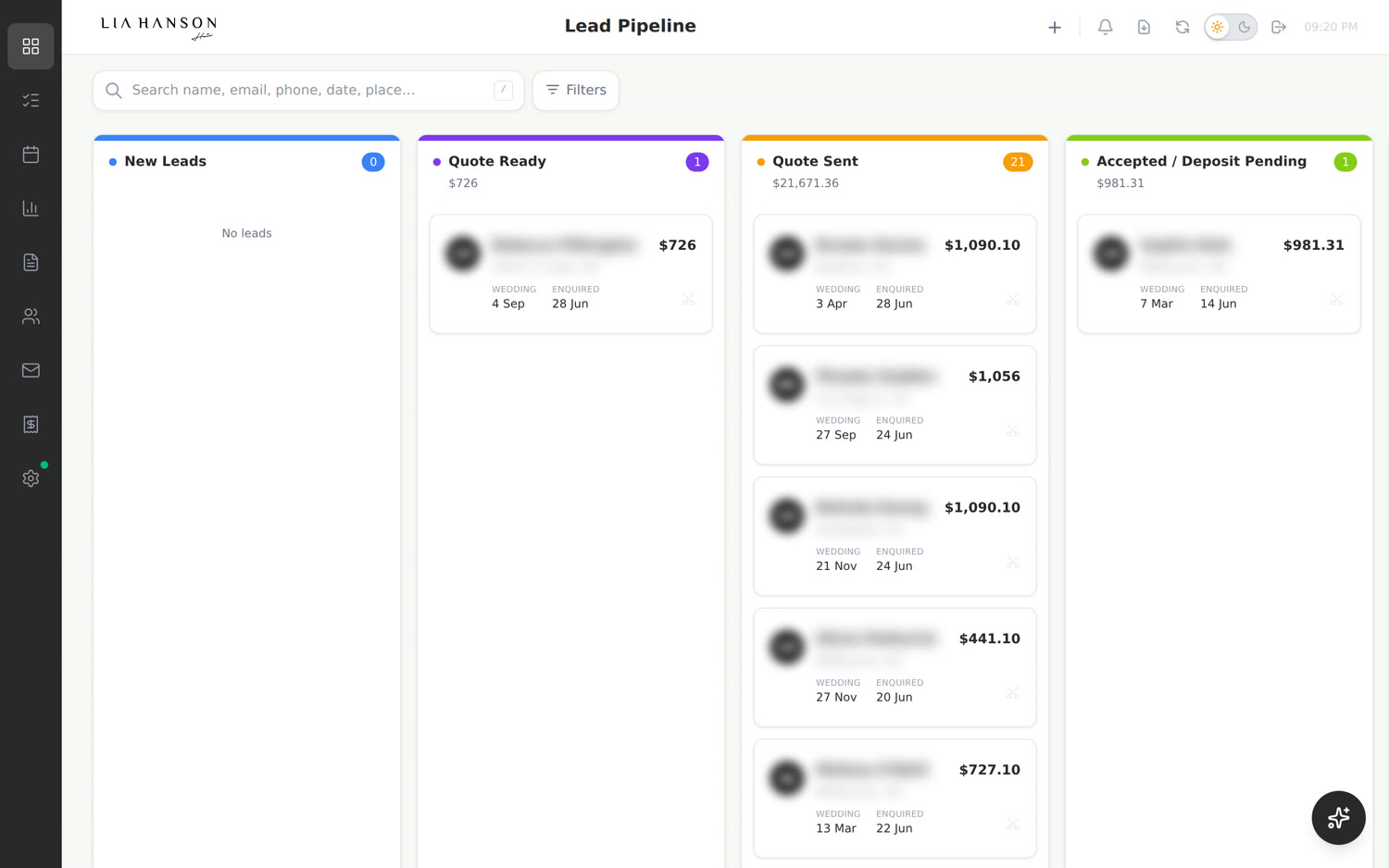 Lead pipeline board in the dashboard